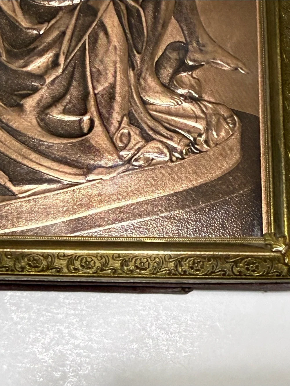 Vintage Michelangelo Pietà Copper Relief Wall Plaque Brass Frame Religious Art